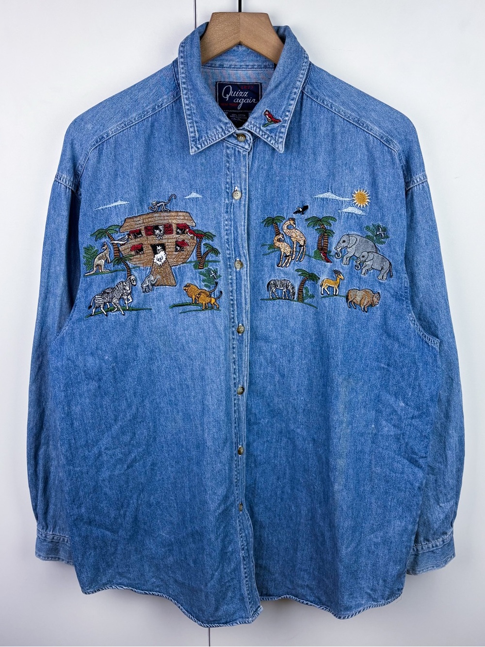 Vintage Noahs Ark Bible Animal Embroidered Denim Chambray Button Down Cotton XL
